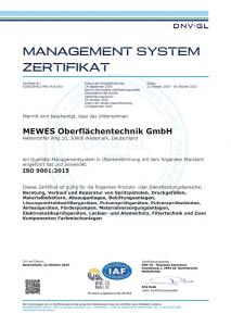 das ISO-Zertifikat der Firma Mewes Oberflächentechnik GmbH